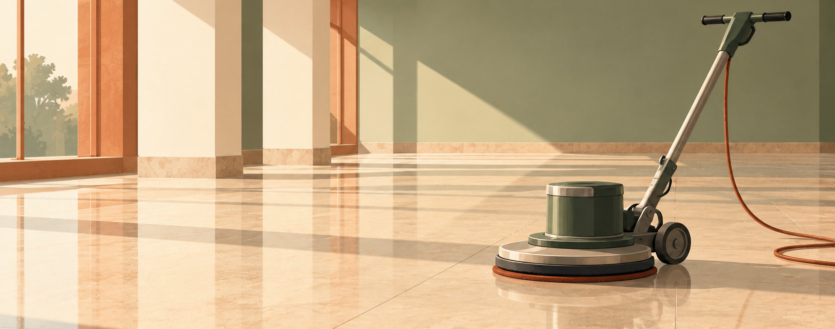 Flat vector drawing of an empty polished stone floor running away in perspective, daylight falling across it in bands from a glazed wall on the left, a plain sage wall at the far end, and one rotary floor machine standing on the tiles at the right with its cable trailing off behind it.